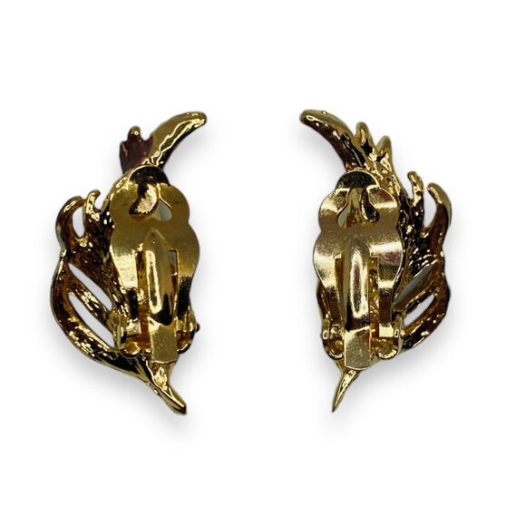 Vintage Leaf Clip On Earrings Gold Tone w. Dark Mauve & Cream - Picture 3 of 3